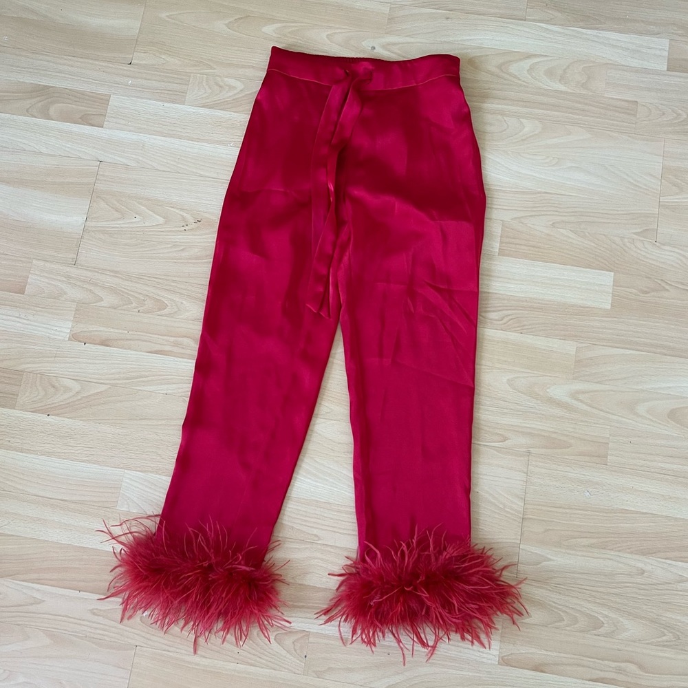 Nadine Merabi Silky Pant with Feather Trim